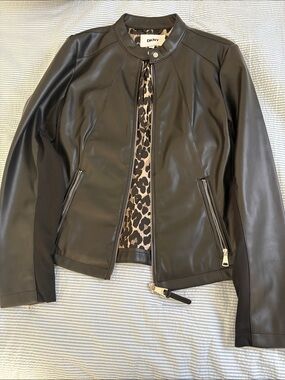 DKNY Black Faux Leather Jacket with Leopard Trim